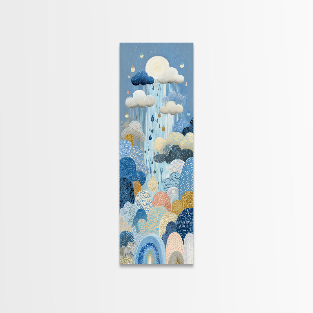 Cloud Rainbow and Raindrop Composition Framed Canvas Print, Nursery Decor, Wall Light, Fine Art, Nursery, Statement Artwork, NDE-1x3-80
