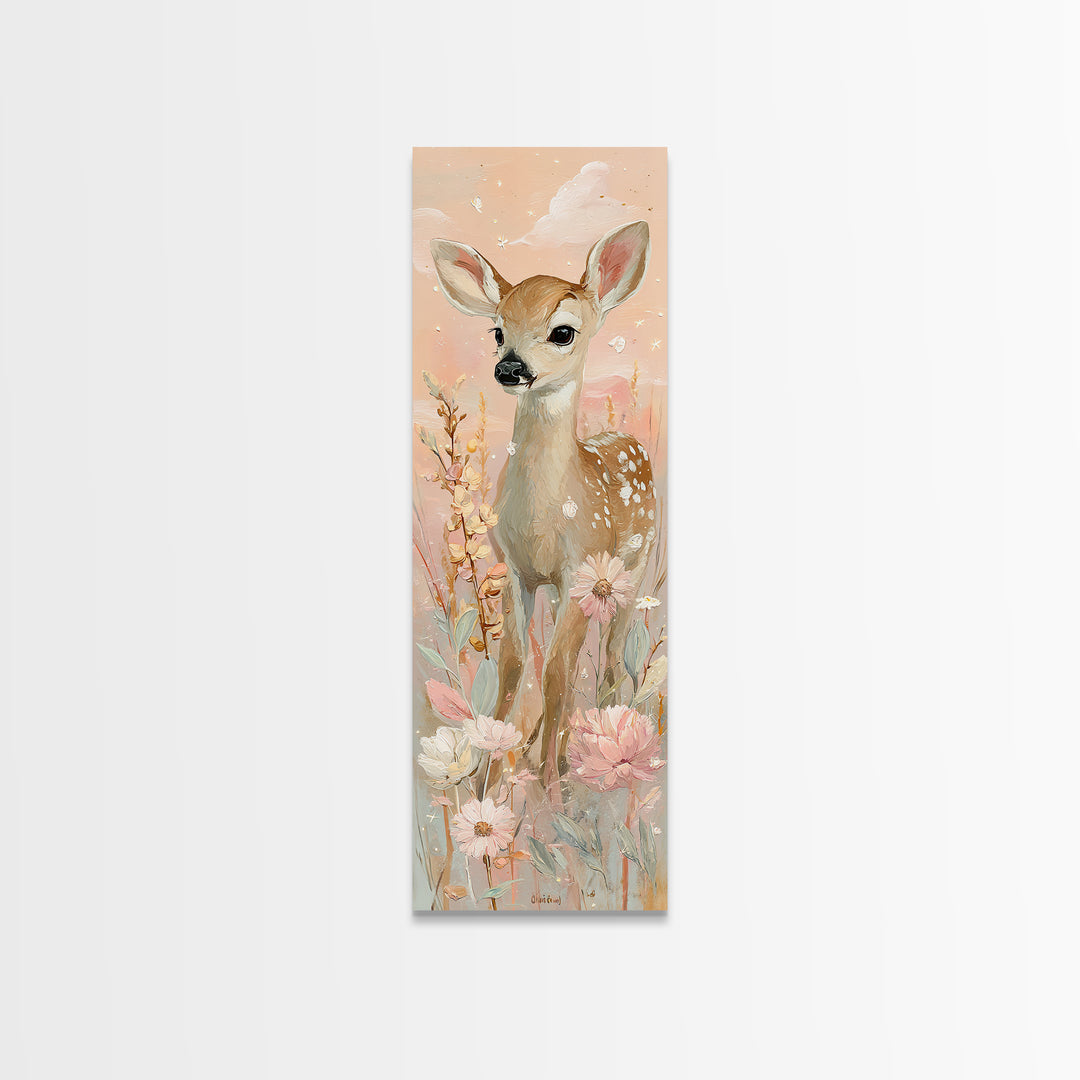 Baby Deer in Meadow with Fireflies Canvas Print, Nursery Decor, Boho Decor, Nursery, Nursery Wall Art, Framed Wall Art, NDE-1x3-82
