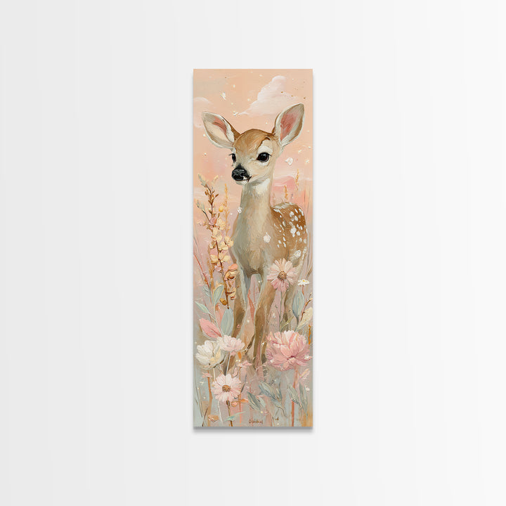 Baby Deer in Meadow with Fireflies Canvas Print, Nursery Decor, Boho Decor, Nursery, Nursery Wall Art, Framed Wall Art, NDE-1x3-82