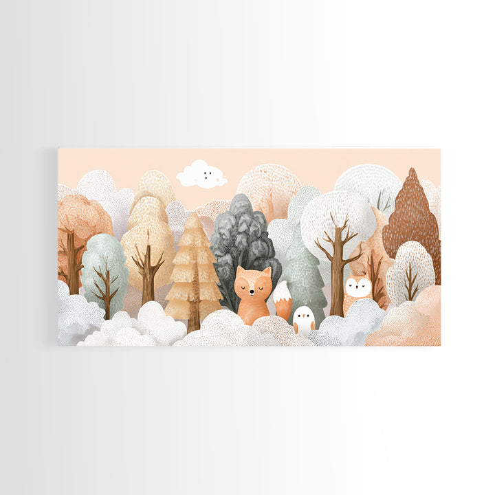 Fox and Owl Friends Framed Canvas Print, Nursery Decor, Contemporary Art, Fine Art, Nursery, Wall Decals, Nursery Wall Decor, NDE-2x1-10