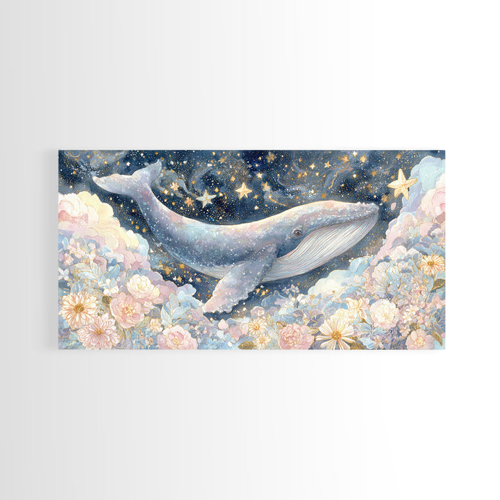 Baby Whale Swimming Through Stars Framed Canvas Print, Nursery Decor, Wall Light, Fine Art, Nursery, Statement Artwork, NDE-2x1-100