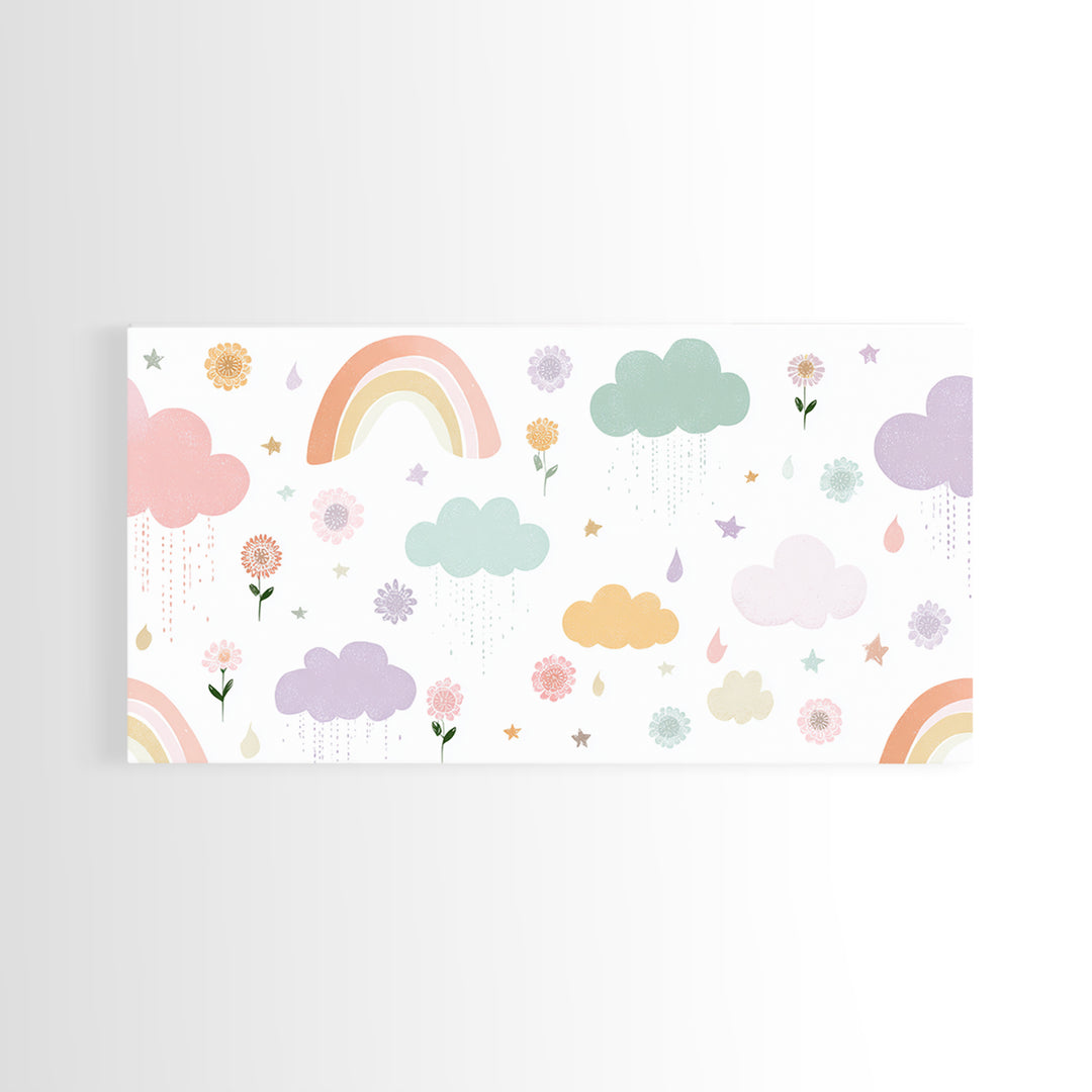 Cloud Rainbow and Raindrop Composition Framed Canvas Print, Nursery Decor, Fine Art Print, Fine Art, Nursery, NDE-2x1-16