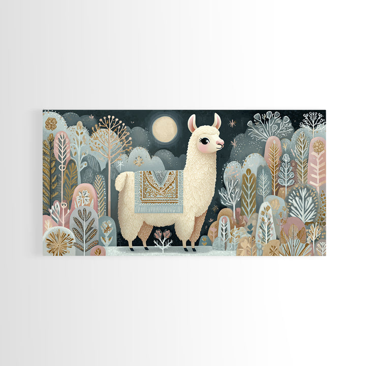 Cute Llama with Blanket Pattern Canvas Print, Nursery Decor, Nursery, Floral Wall Art, Botanical Wall Art, Floral Wallpaper, NDE-2x1-17