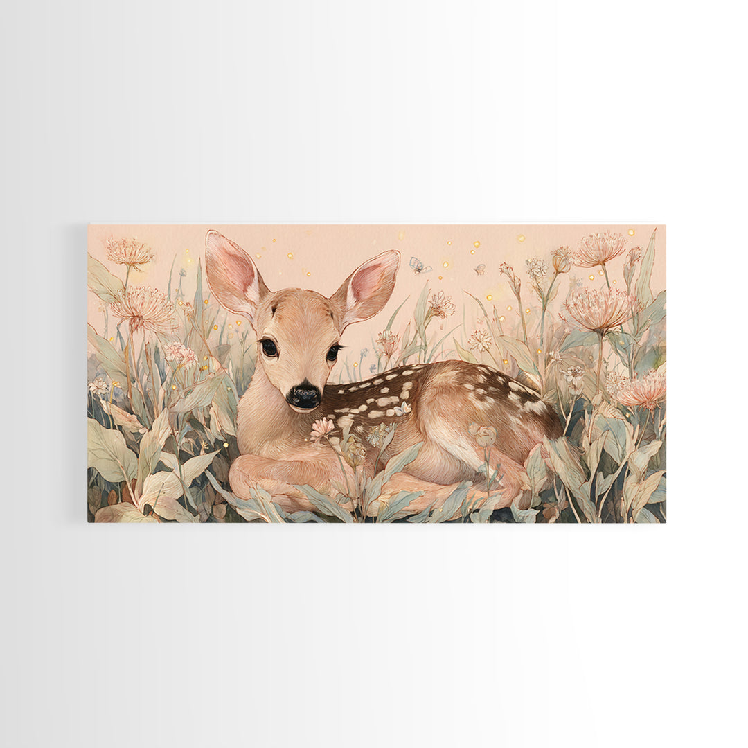 Baby Deer in Meadow with Fireflies Framed Canvas Print, Nursery Decor, Room Decor, Fine Art, Nursery, Framed Wall Art, NDE-2x1-18