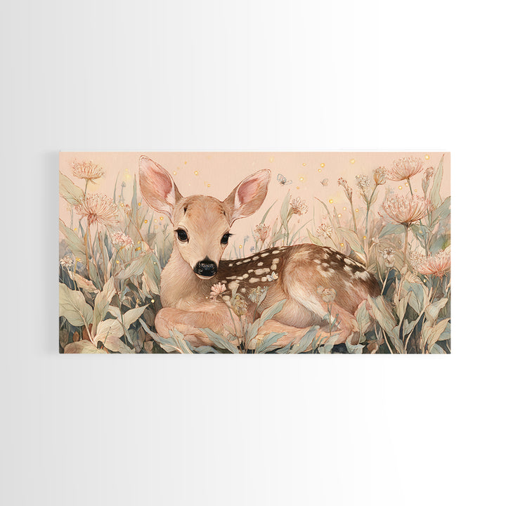 Baby Deer in Meadow with Fireflies Framed Canvas Print, Nursery Decor, Room Decor, Fine Art, Nursery, Framed Wall Art, NDE-2x1-18