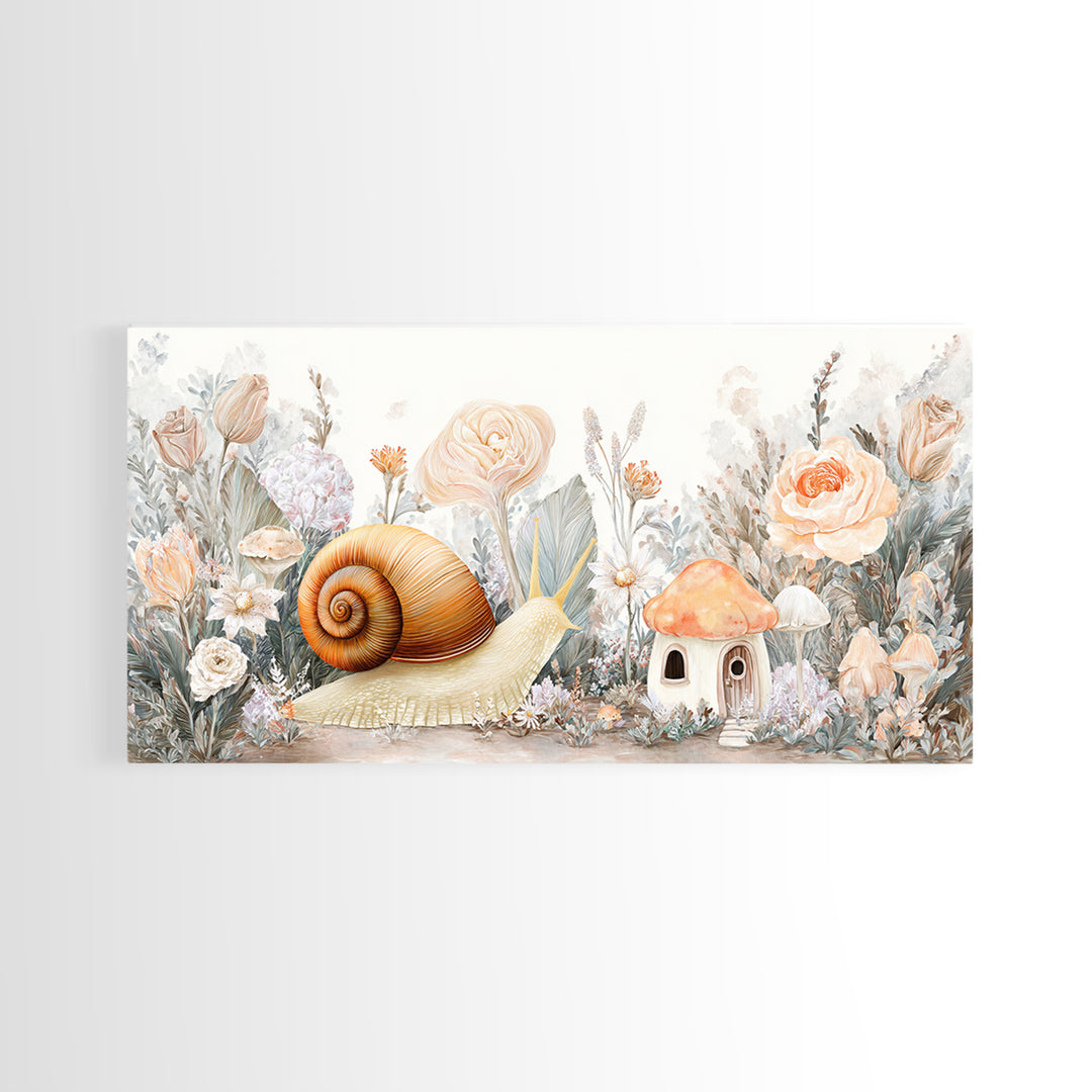 Garden Snail with Mushroom House Framed Canvas Print, Nursery Decor, Woodland Nursery, Watercolor Art, Nursery, NDE-2x1-19