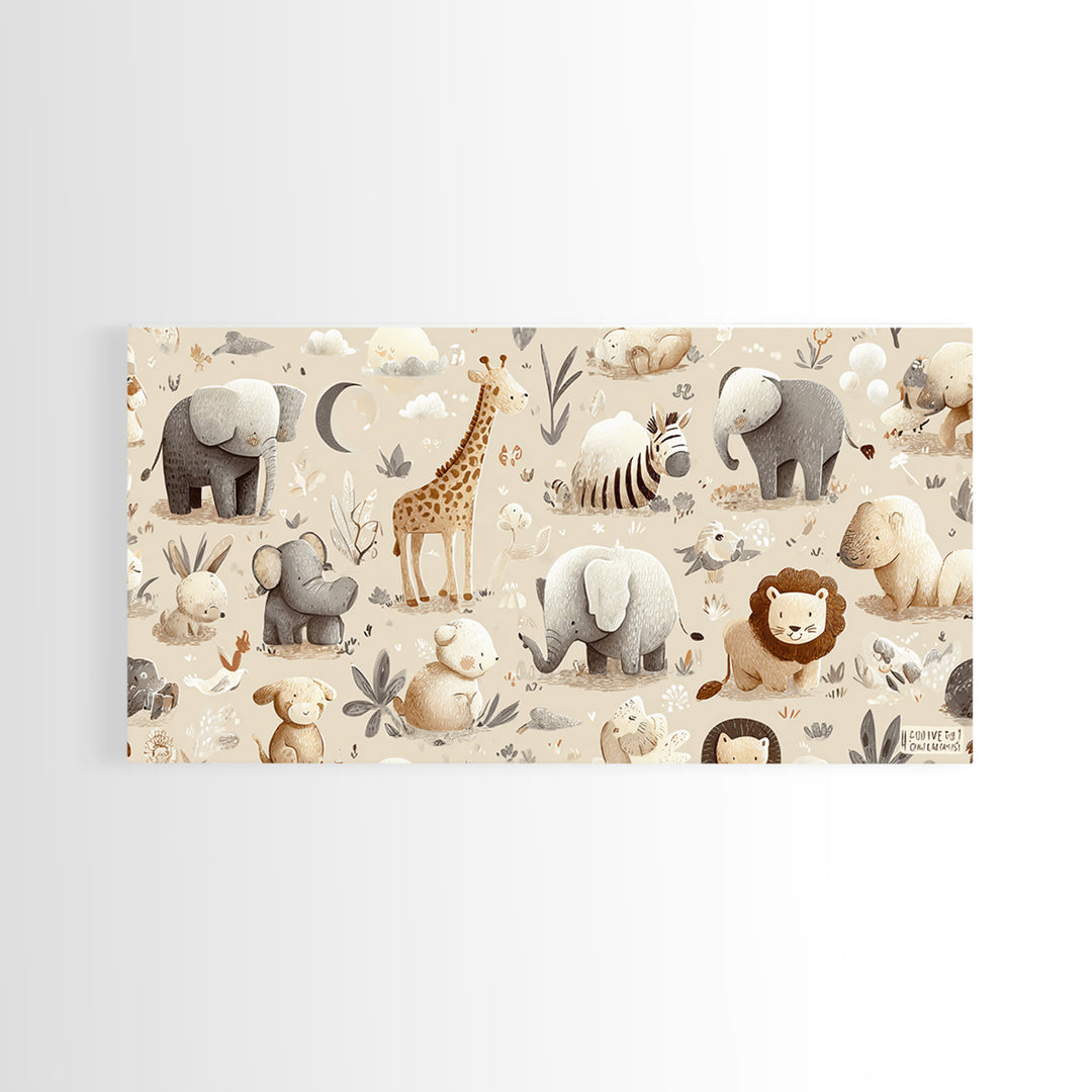 Cute Safari Animals Framed Canvas Print, Nursery Decor, Minimalist Decor, Fine Art, Nursery, Wall Decals, Nursery Wall Decor, NDE-2x1-24