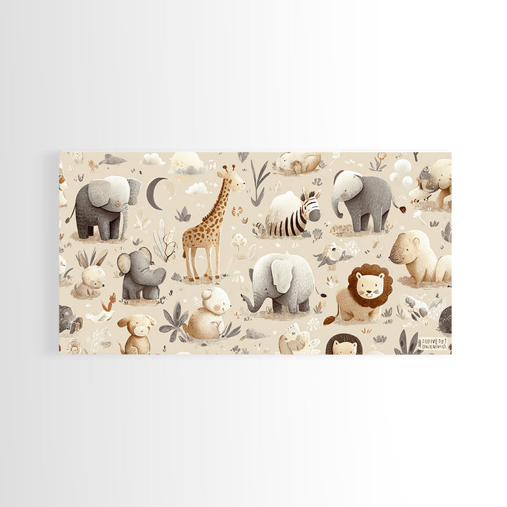 Cute Safari Animals Framed Canvas Print, Nursery Decor, Minimalist Decor, Fine Art, Nursery, Wall Decals, Nursery Wall Decor, NDE-2x1-24