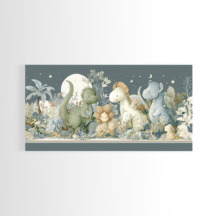 Gentle Dinosaur Family Framed Canvas Print, Nursery Decor, Boho Decor, Oil Painting, Nursery, Nursery Wall Art, Framed Wall Art, NDE-2x1-27