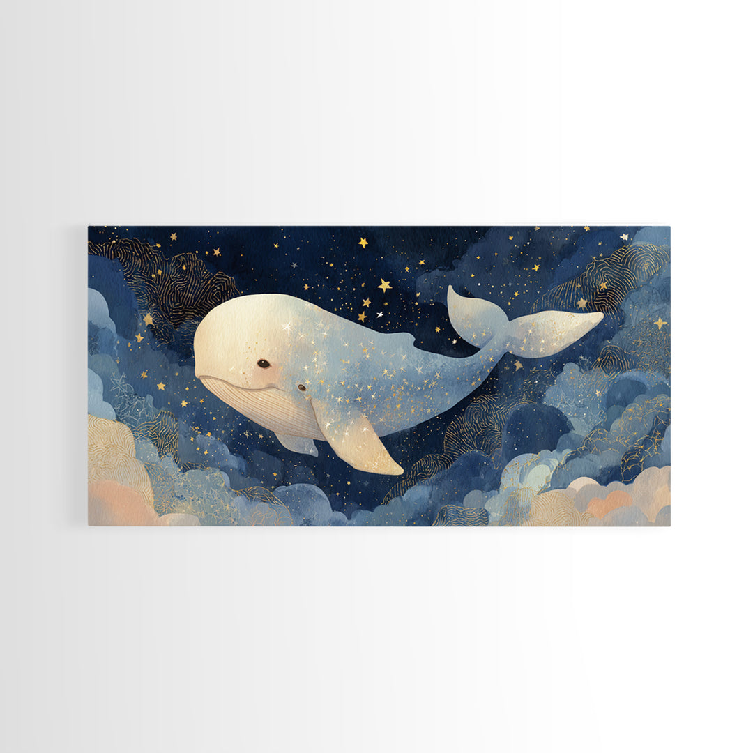 Baby Whale Swimming Through Stars Framed Canvas Print, Nursery Decor, Contemporary Art, Fine Art, Nursery, Wall Decals, NDE-2x1-28