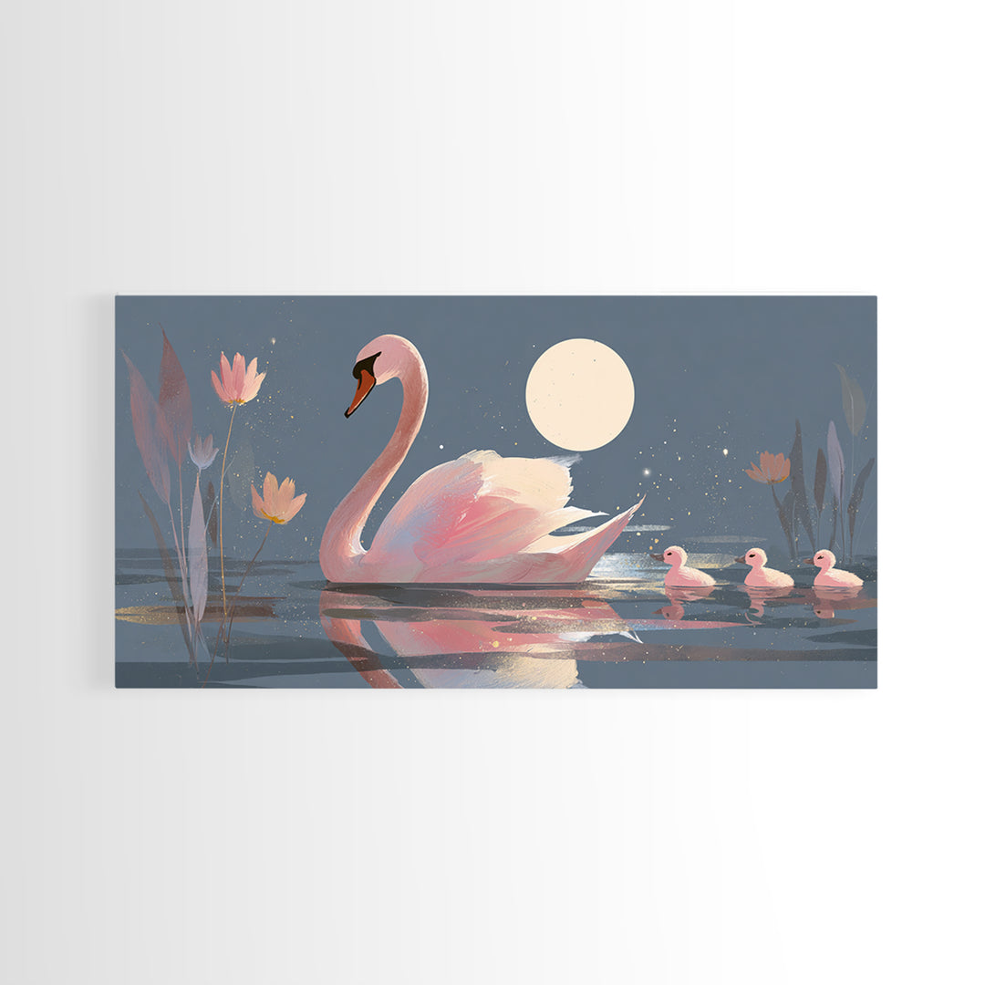 Pink Swan on Calm Pond Framed Canvas Print, Nursery Decor, Printable Wall Art, Nursery, Nursery Prints, Playroom Decor, NDE-2x1-33