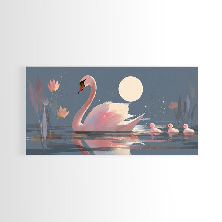 Pink Swan on Calm Pond Framed Canvas Print, Nursery Decor, Printable Wall Art, Nursery, Nursery Prints, Playroom Decor, NDE-2x1-33