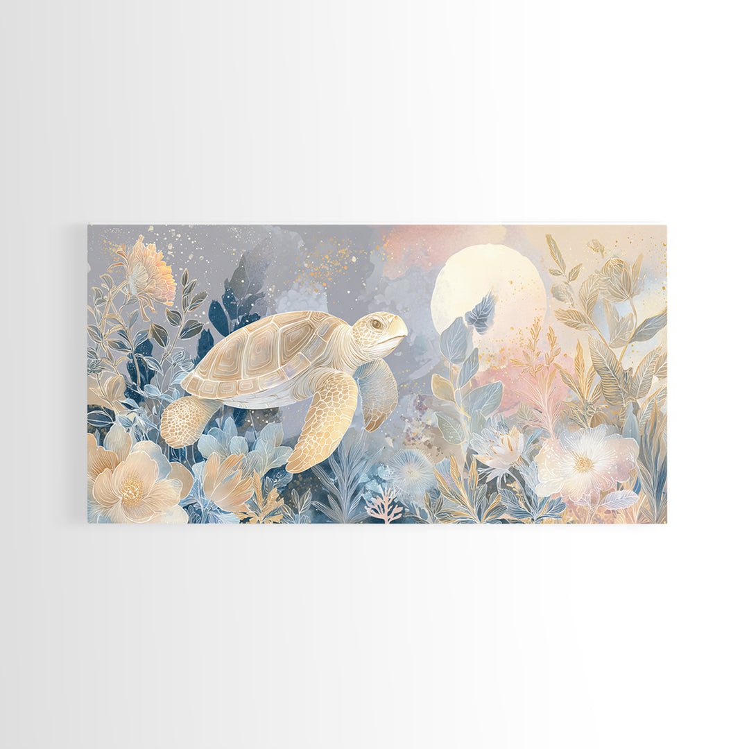 Tiny Turtle with Sea Plants Canvas Print, Nursery Decor, Nursery Wall Art, Oil Painting, Nursery, Botanical Wall Art, NDE-2x1-39