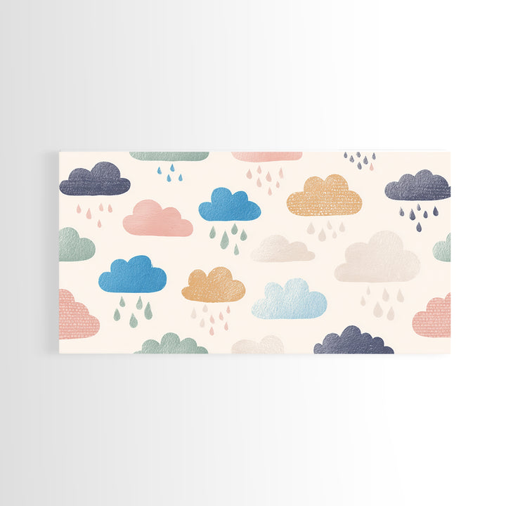 Cloud Rainbow and Raindrop Composition Framed Canvas Print, Nursery Decor, Wall Decor, Nursery, Woodland Nursery Decor, NDE-2x1-40