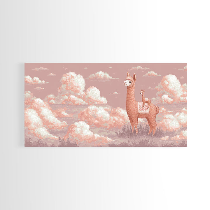 Cute Llama with Blanket Pattern Canvas Print, Nursery Decor, Nursery, Floral Wall Art, Botanical Wall Art, Floral Wallpaper, NDE-2x1-41