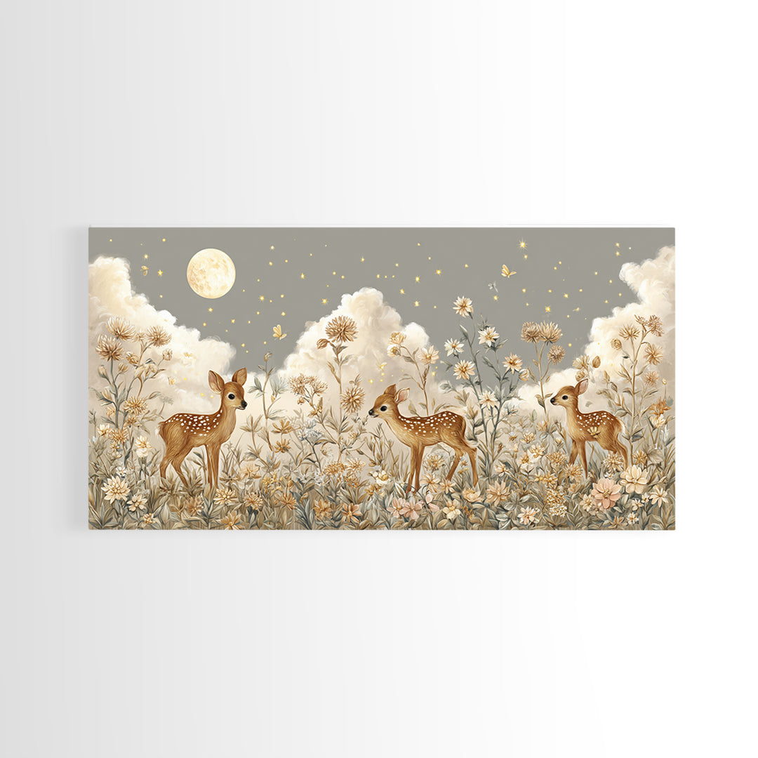Baby Deer in Meadow with Fireflies Framed Canvas Print, Nursery Decor, Room Decor, Fine Art, Nursery, Framed Wall Art, NDE-2x1-42