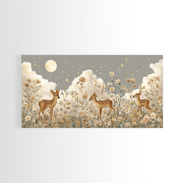 Baby Deer in Meadow with Fireflies Framed Canvas Print, Nursery Decor, Room Decor, Fine Art, Nursery, Framed Wall Art, NDE-2x1-42