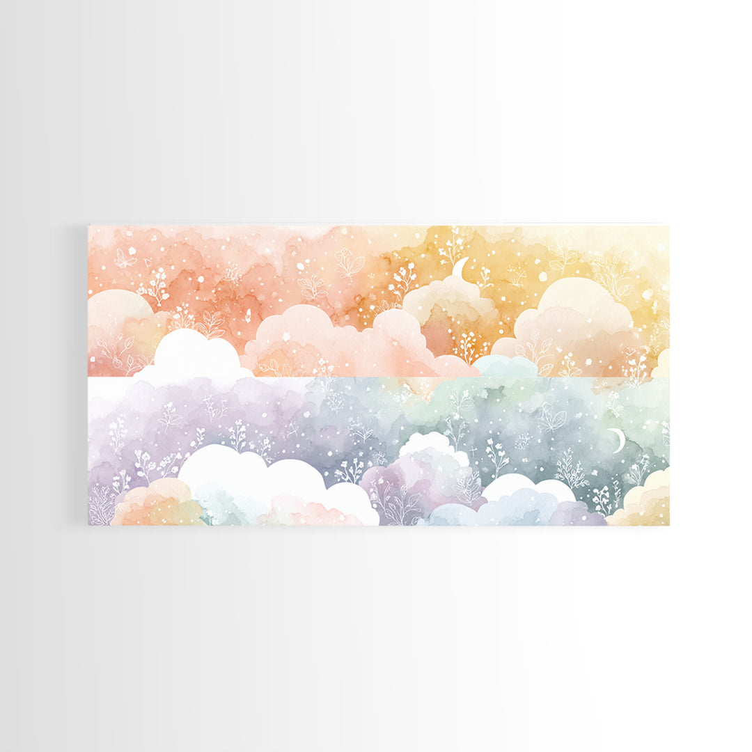 Pastel Rainbow with Soft Cloud Shapes Framed Canvas Print, Nursery Decor, Nursery Wall Decor, Nursery, Nursery Name Sign, NDE-2x1-45