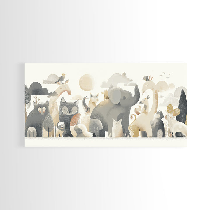 Woodland Animal Parade Framed Canvas Print, Nursery Decor, Wall Decor, Nursery, Woodland Nursery Decor, Nursery Prints, NDE-2x1-46