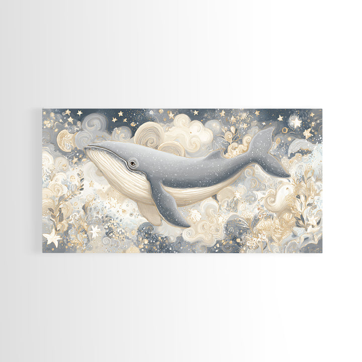 Baby Whale Swimming Through Stars Canvas Print, Nursery Decor, Canvas, Fine Art, Nursery, Playroom Decor, Floral Wall Art, NDE-2x1-52