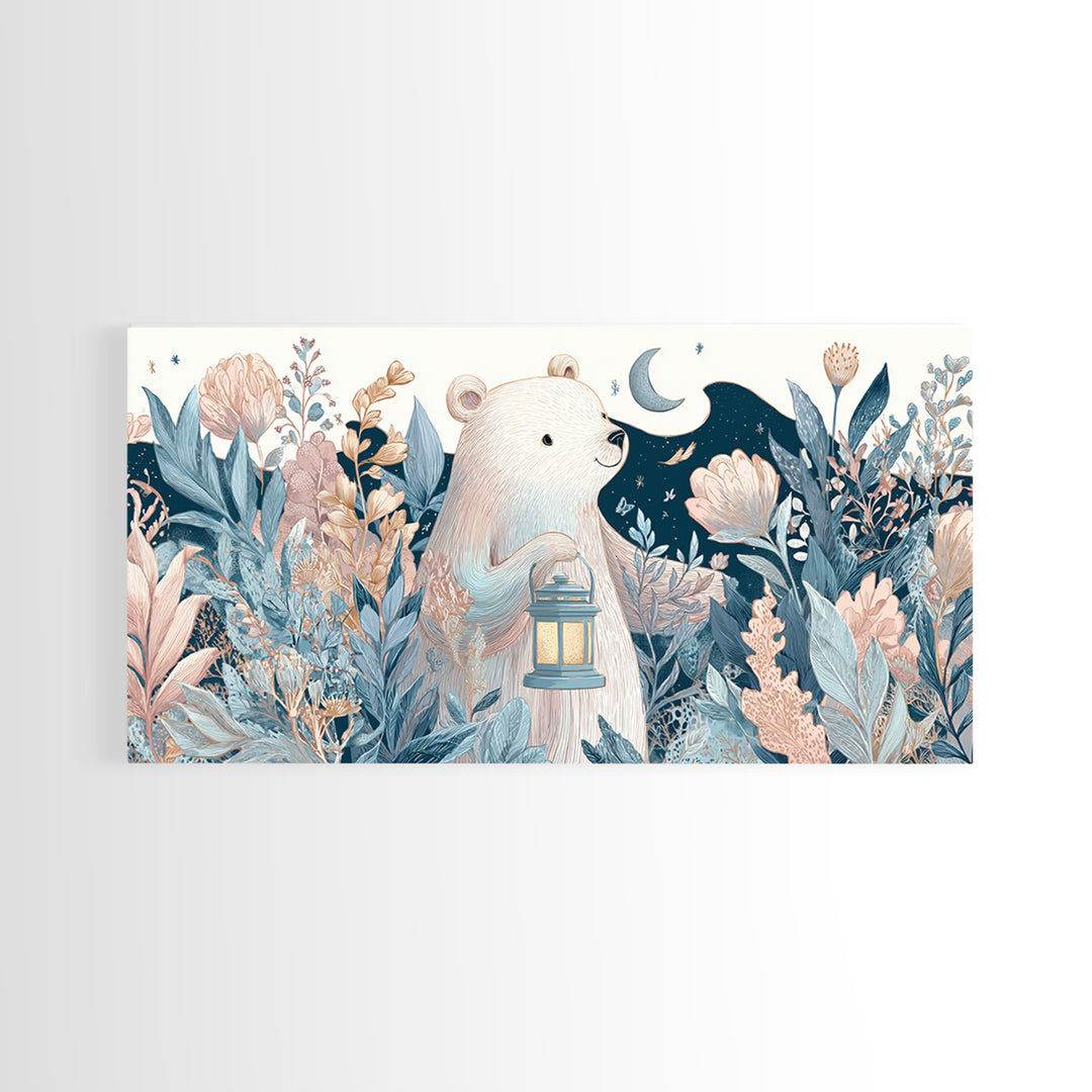 Storybook Bear with Little Lantern Canvas Print, Nursery Decor, Wall, Oil Painting, Nursery, Nursery Wall Decals, NDE-2x1-53
