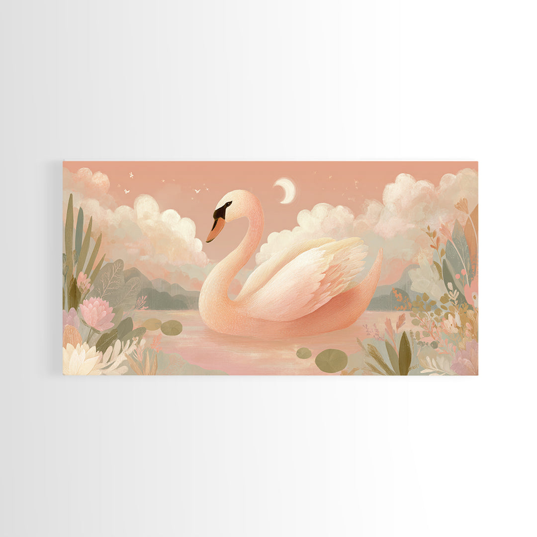 Pink Swan on Calm Pond Canvas Print, Nursery Decor, Wall Decal, Fine Art, Nursery, Wall Light, Baby Girl Nursery Decor, NDE-2x1-57