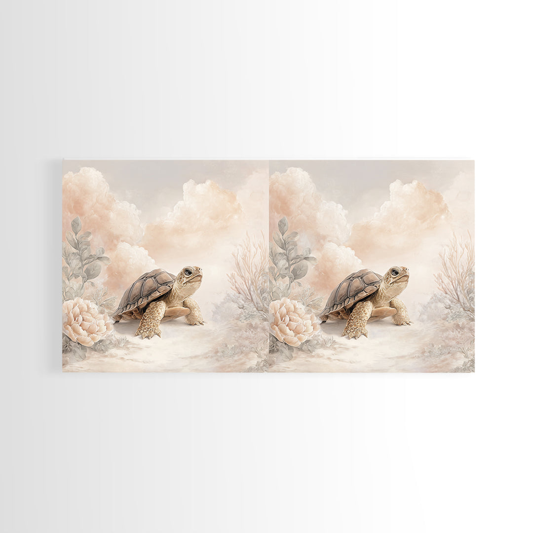 Tiny Turtle with Sea Plants Canvas Print, Nursery Decor, Floral Wall Art, Fine Art, Nursery, Gallery Decor, Neutral Decor, NDE-2x1-63