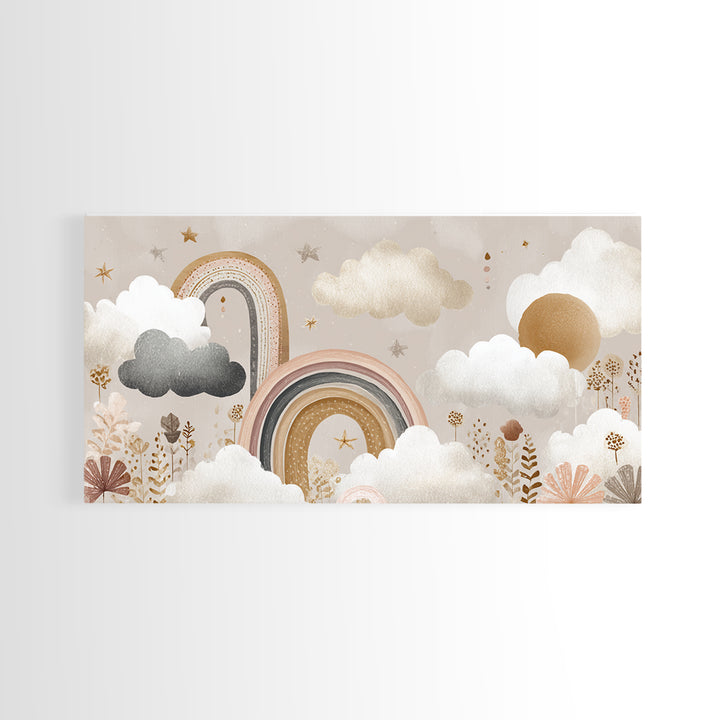 Cloud Rainbow and Raindrop Composition Canvas Print, Nursery Decor, Framed Wall Art, Fine Art, Nursery, Safari Nursery Decor, NDE-2x1-64