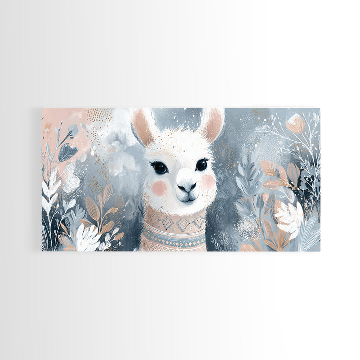 Cute Llama with Blanket Pattern Framed Canvas Print, Nursery Decor, Wall Decals, Abstract Art, Nursery, Girl Nursery Decor, NDE-2x1-65