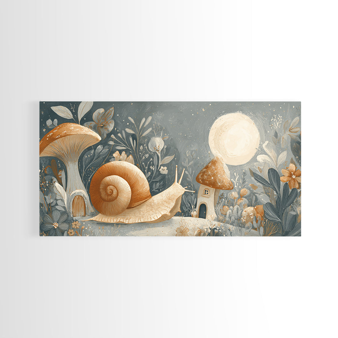 Garden Snail with Mushroom House Framed Canvas Print, Nursery Decor, Gallery Decor, Fine Art, Nursery, Wall Art, Home Decor, NDE-2x1-67