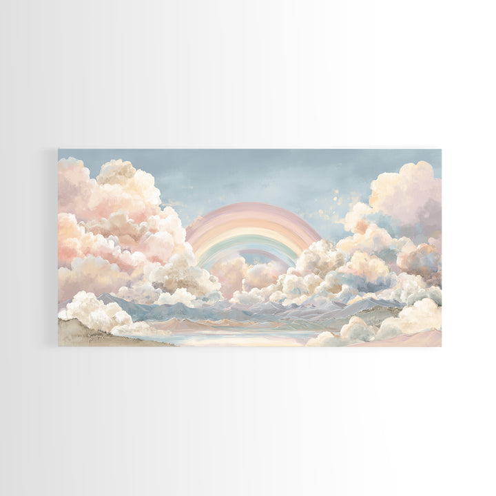 Pastel Rainbow with Soft Cloud Shapes Canvas Print, Nursery Decor, Floral Wall Art, Abstract Art, Nursery, Gallery Decor, NDE-2x1-69