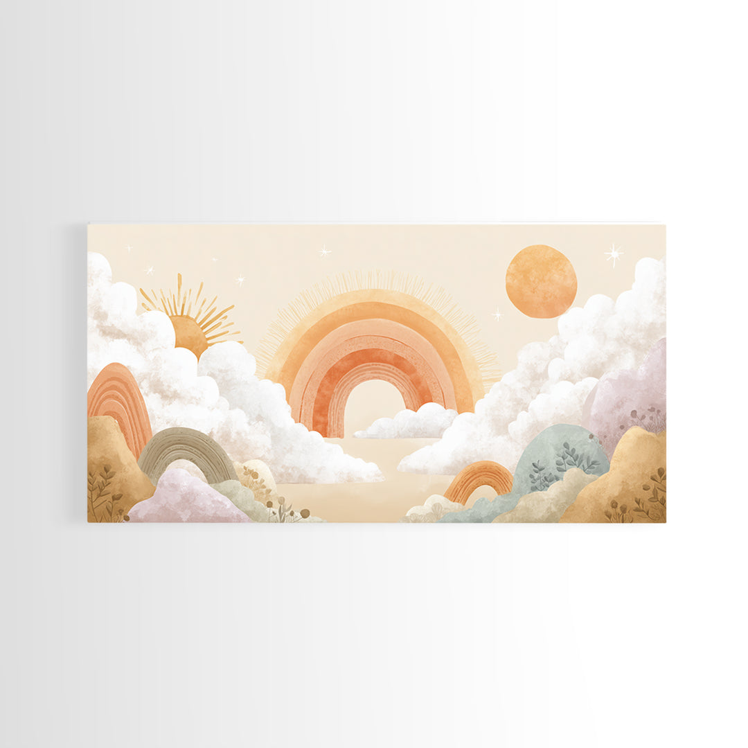 Neutral Boho Sun and Arch Shapes Framed Canvas Print, Nursery Decor, Canvas, Abstract Art, Nursery, Playroom Decor, NDE-2x1-7
