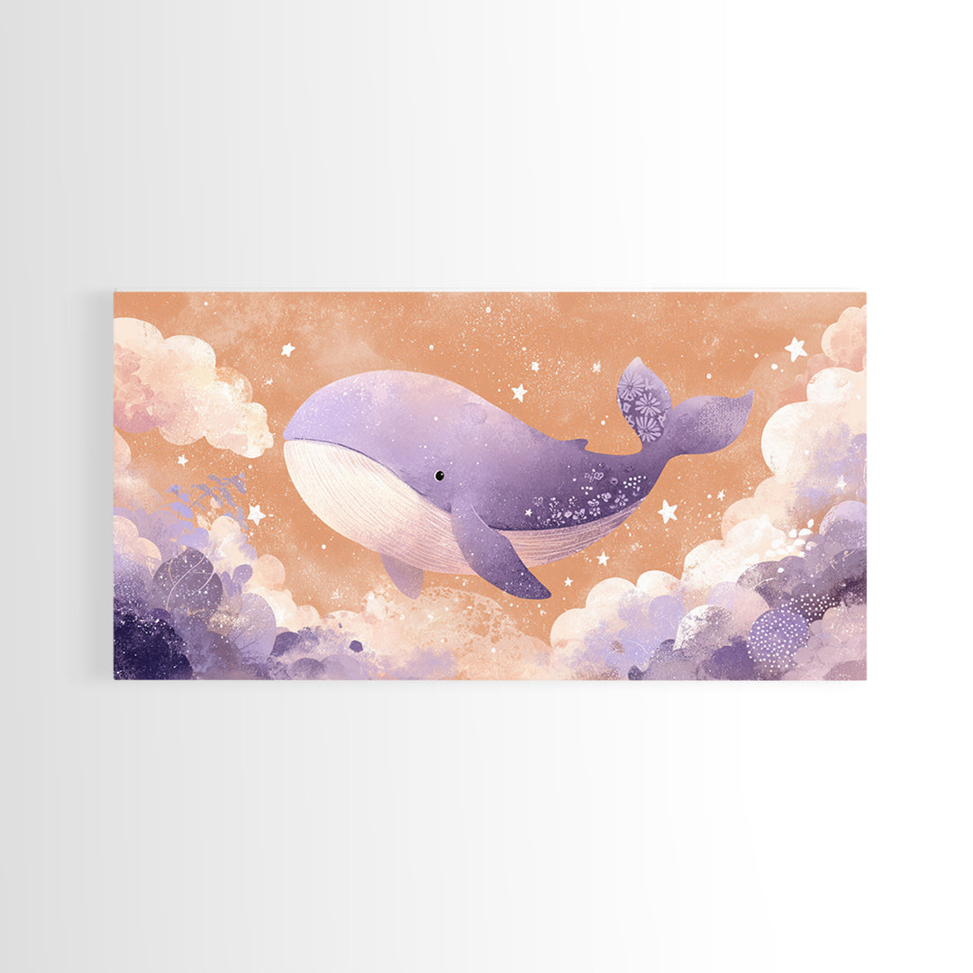 Baby Whale Swimming Through Stars Canvas Print, Nursery Decor, Nursery Prints, Fine Art, Nursery, Nursery Wall Decal, NDE-2x1-76