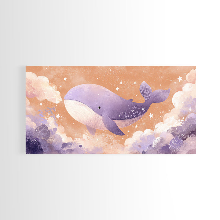 Baby Whale Swimming Through Stars Canvas Print, Nursery Decor, Nursery Prints, Fine Art, Nursery, Nursery Wall Decal, NDE-2x1-76
