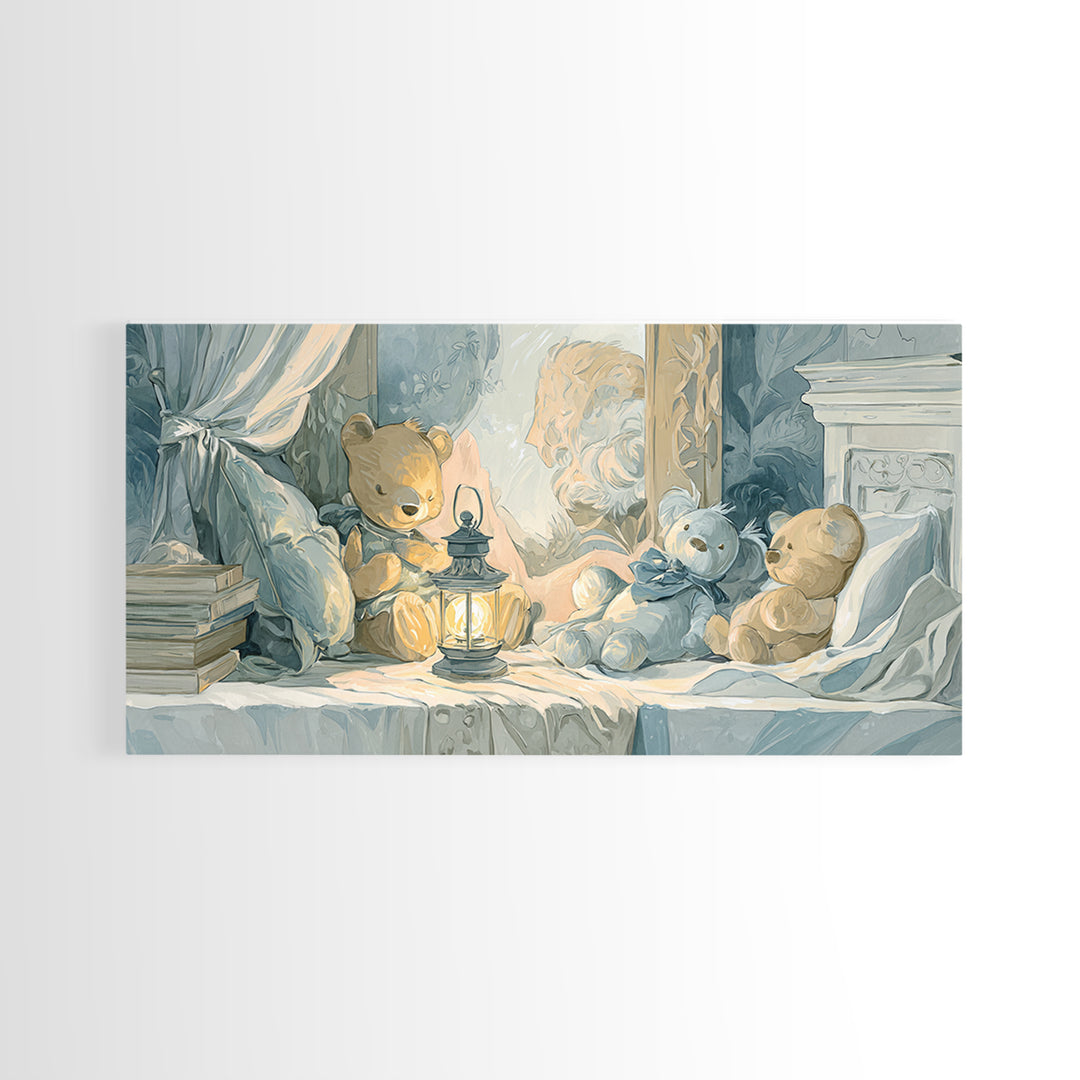 Storybook Bear with Little Lantern Canvas Print, Nursery Decor, Wall, Oil Painting, Nursery, Nursery Wall Decals, NDE-2x1-77
