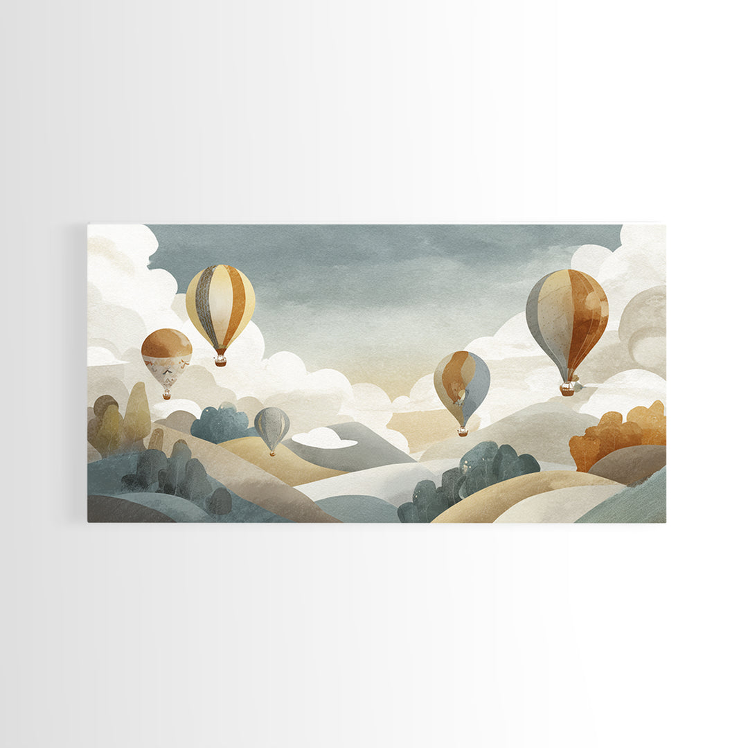 Hot Air Balloon Drifting Framed Canvas Print, Nursery Decor, Playroom Decor, Nursery, Boy Nursery Decor, Gallery Decor, NDE-2x1-80