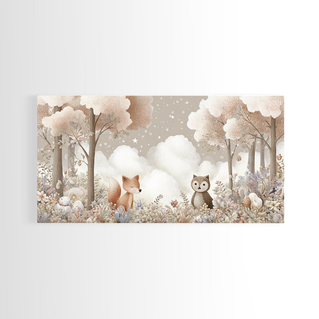 Fox and Owl Friends Canvas Print, Nursery Decor, Canvas, Fine Art, Nursery, Playroom Decor, Floral Wall Art, Botanical Wall Art, NDE-2x1-82