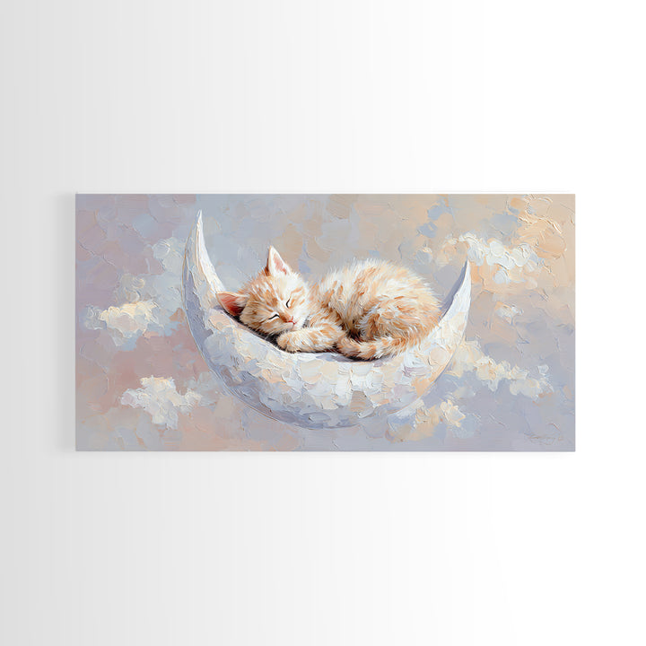 Sleeping Kitten on Crescent Moon Framed Canvas Print, Nursery Decor, Nursery Prints, Fine Art, Nursery, Nursery Wall Decal, NDE-2x1-85