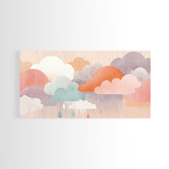Cloud Rainbow and Raindrop Composition Framed Canvas Print, Nursery Decor, Nursery Art, Fine Art, Nursery, Kids Wall Art, NDE-2x1-88