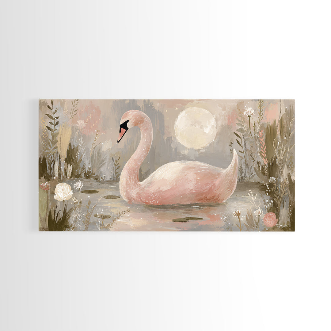 Pink Swan on Calm Pond Framed Canvas Print, Nursery Decor, Printable Wall Art, Nursery, Nursery Prints, Playroom Decor, NDE-2x1-9