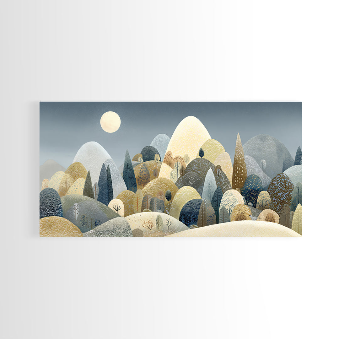 Calm Mountain Nursery Landscape Framed Canvas Print, Nursery Decor, Wall, Nursery, Nursery Wall Decals, Woodland Nursery, NDE-2x1-92