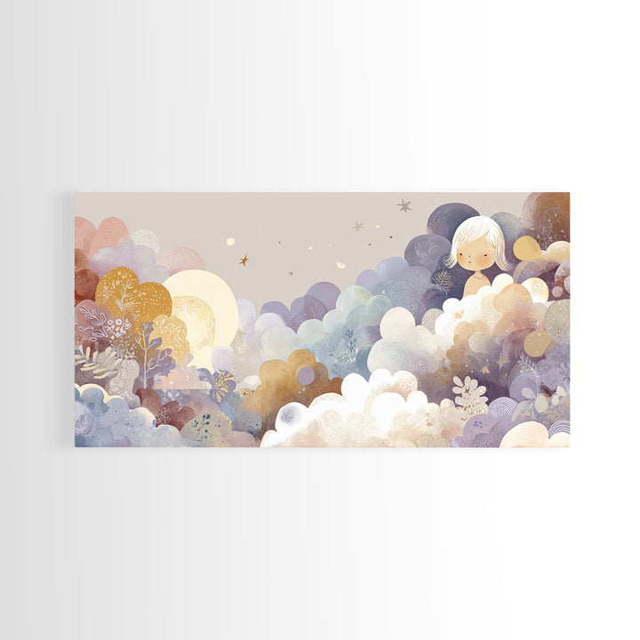 Pastel Rainbow with Soft Cloud Shapes Canvas Print, Nursery Decor, Floral Wall Art, Abstract Art, Nursery, Gallery Decor, NDE-2x1-93