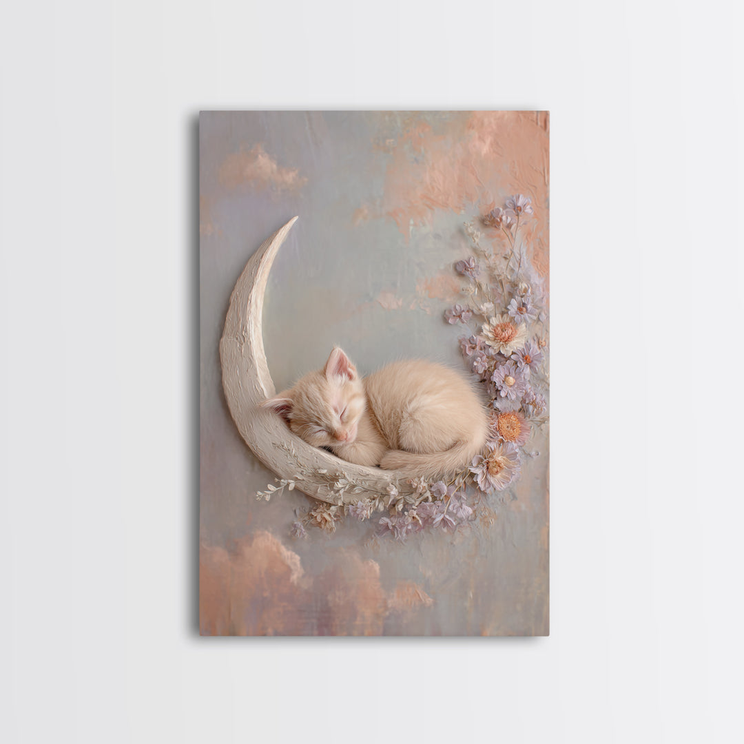 Sleeping Kitten on Crescent Moon Framed Canvas Print, Nursery Decor, Framed Wall Art, Fine Art, Nursery, Safari Nursery Decor, NDE-2x3-1