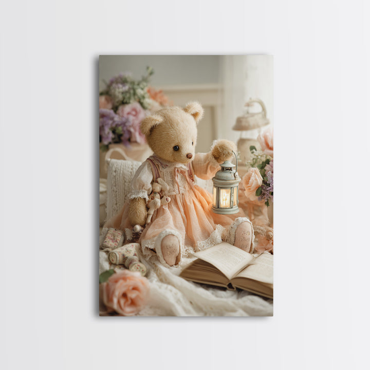 Storybook Bear with Little Lantern Framed Canvas Print, Nursery Decor, Wall Decals, Abstract Art, Nursery, Girl Nursery Decor, NDE-2x3-17