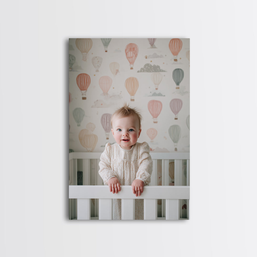Hot Air Balloon Drifting Framed Canvas Print, Nursery Decor, Wall, Oil Painting, Nursery, Nursery Wall Decals, Woodland Nursery, NDE-2x3-20
