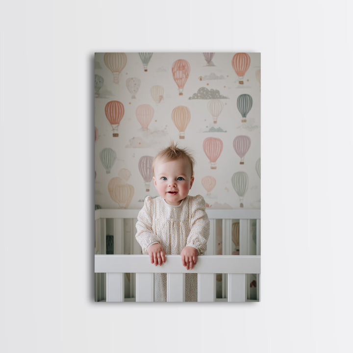 Hot Air Balloon Drifting Framed Canvas Print, Nursery Decor, Wall, Oil Painting, Nursery, Nursery Wall Decals, Woodland Nursery, NDE-2x3-20