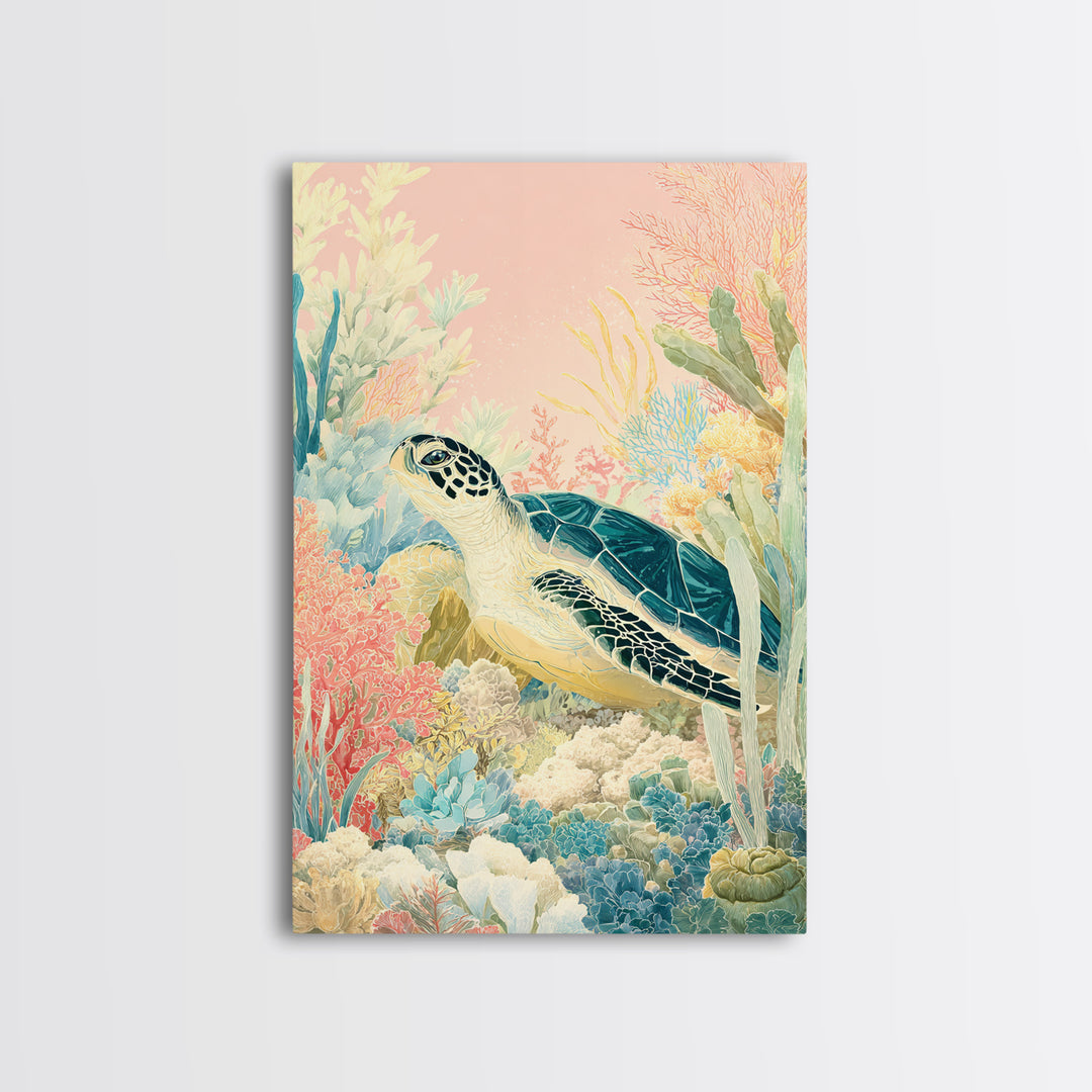 Tiny Turtle with Sea Plants Framed Canvas Print, Nursery Decor, Room Decor, Fine Art, Nursery, Framed Wall Art, Bedroom Decor, NDE-2x3-3