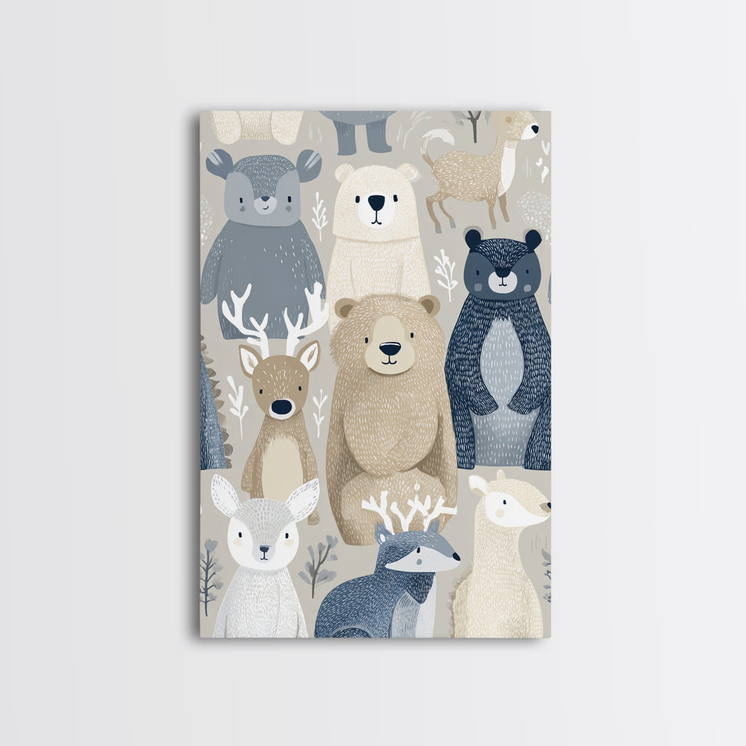 Woodland Animal Parade Framed Canvas Print, Nursery Decor, Canvas, Fine Art, Nursery, Playroom Decor, Floral Wall Art, NDE-2x3-34
