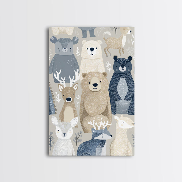 Woodland Animal Parade Framed Canvas Print, Nursery Decor, Canvas, Fine Art, Nursery, Playroom Decor, Floral Wall Art, NDE-2x3-34