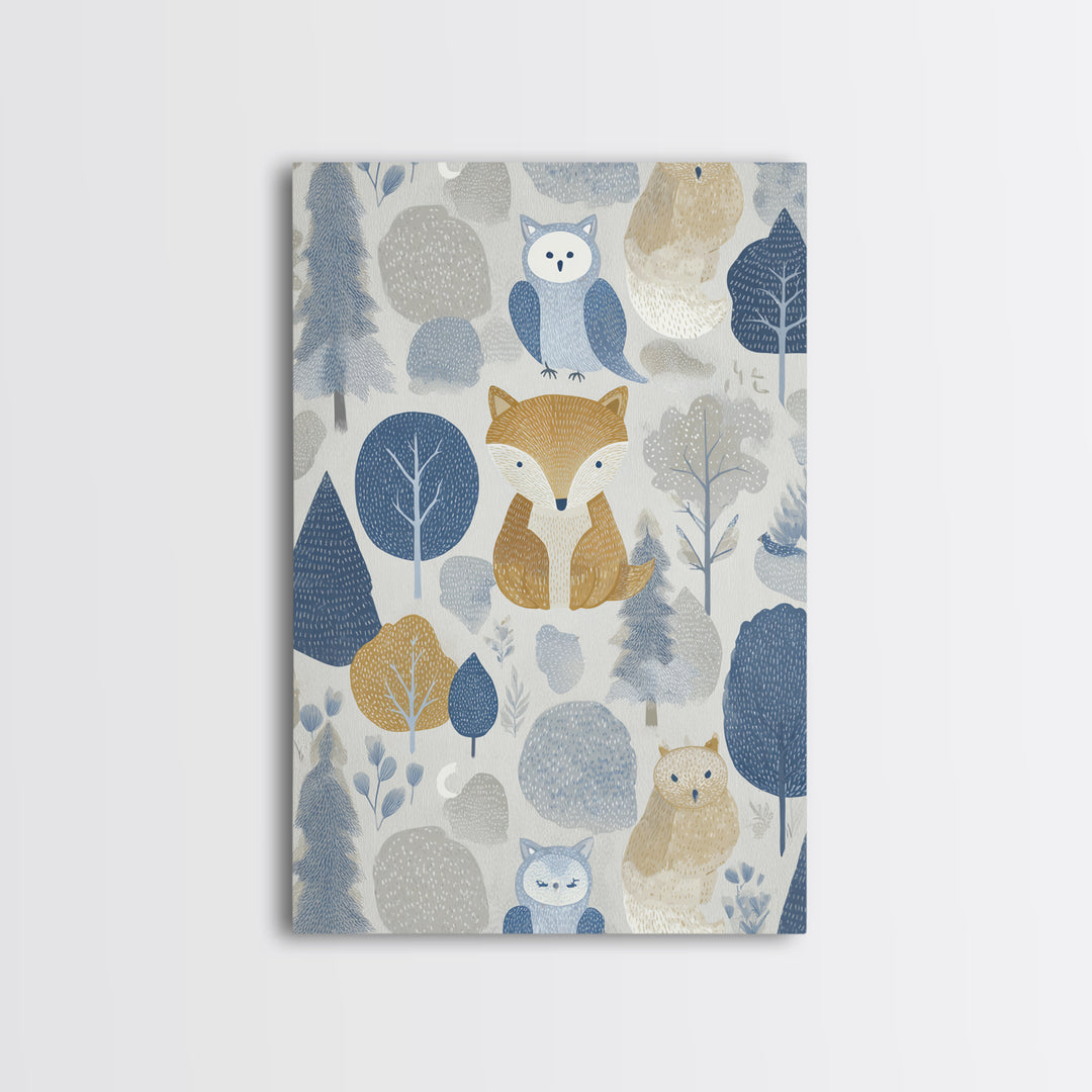 Fox and Owl Friends Framed Canvas Print, Nursery Decor, Wall Decor, Fine Art, Nursery, Woodland Nursery Decor, Nursery Prints, NDE-2x3-46